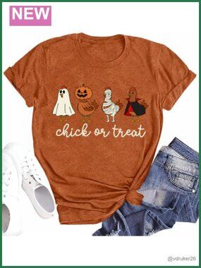 Women's Halloween Chicken Ghost Graphic T-Shirt Cotton Blend Fall Crew Neck